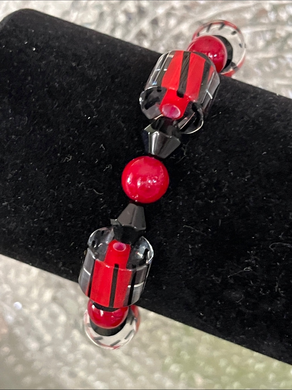 Handcrafted Black and Red Beaded Women's Bracelet, UV reactive